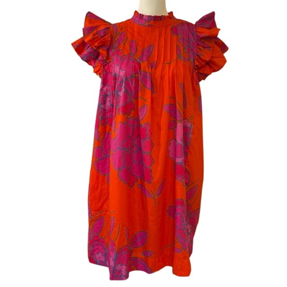 NWT Sugarlips Dress Women L Orange Pink Floral Ruffle Sleeve Mini
